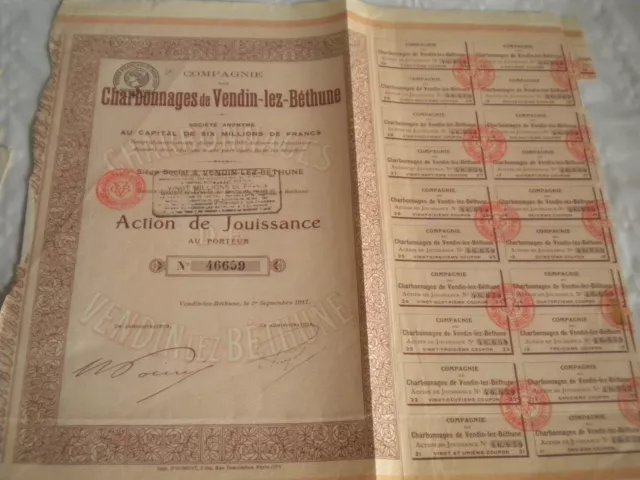 Vintage share certificate Stocks Bonds action charbonnages vendin bethune 1917