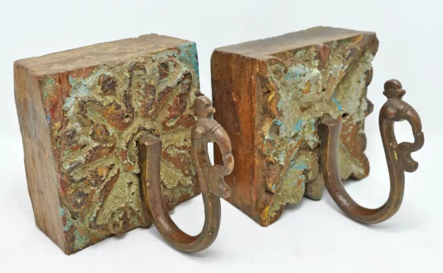 Antique Wooden Brass Hook Hangers Set of 2 Original Old Hand Carved Polychrome