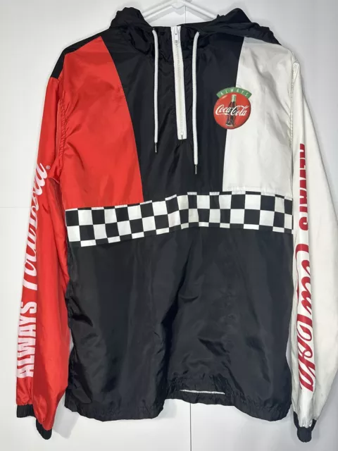 Coca Cola Red Black Checkerboard 1/4 Zip Hooded Windbreaker Jacket Small