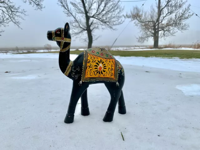 Vintage Hand Carved Wooden Black Camel figure folk Art Hand Painted 9.5  " Tall
