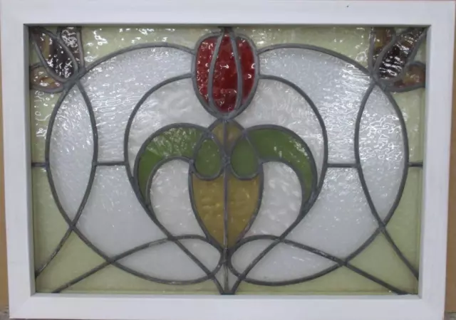OLD ENGLISH LEADED STAINED GLASS WINDOW TRANSOM Gorgeous Floral 28.5" x 20.5"