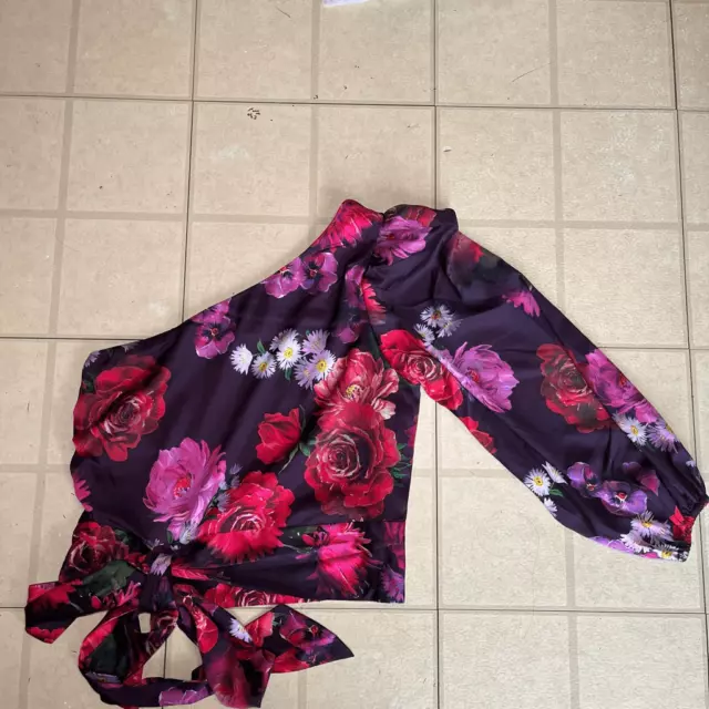 NWT  Express Satin Floral One Shoulder Tie Waist Top Sz S