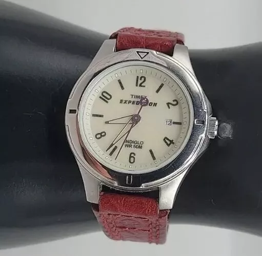 Timex Expedition Ladies Field Watch 34mm T49855 Burgundy Leather Strap Runs
