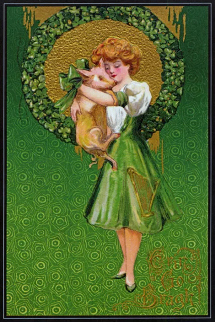 Ireland Irish Girl Green Dress Shamrock With Lucky Pig Vintage Poster Repro