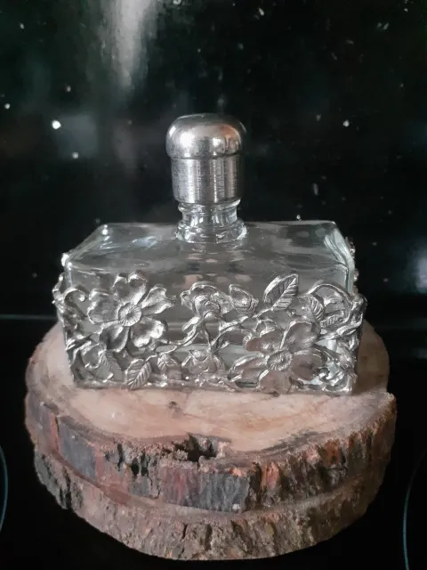 Vintage Clear Glass Perfume Bottle Decorative Floral Metal Casing Dressing Table