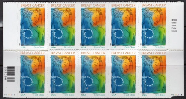 U.S., 1998, #B1, (32C +8c) BREAST CANCER, 1/2 SHEET OF 10, MINT NO HINGE.