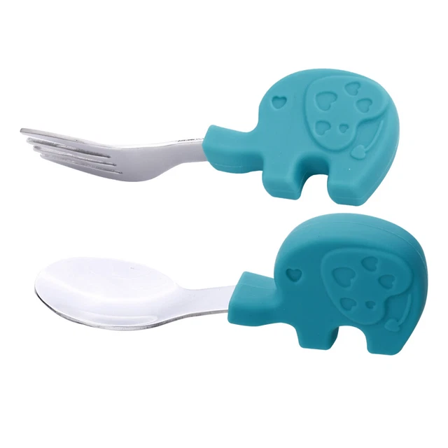 Set De 4 Couverts Bébé En Inox 304 - Fourchettes Et Cuillères Courbées Pour Droitiers - Poignée Antidérapante - Sans BPA - Motif éléphant Mignon - Dimensions 13x3 Cm
