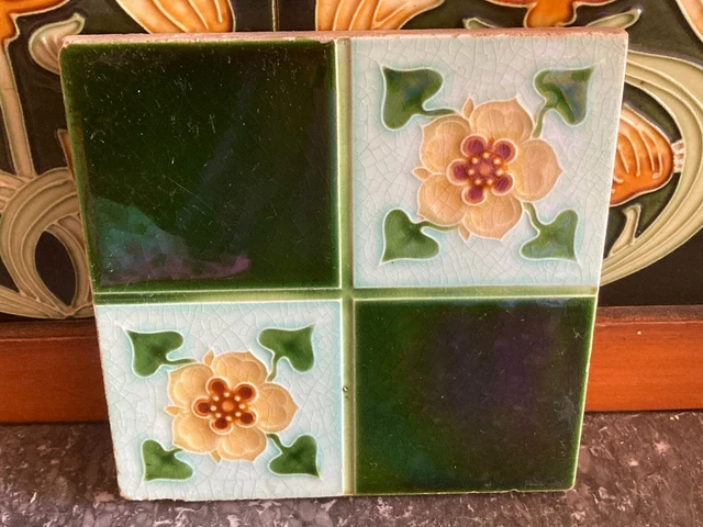 Stunning Antique Yellow Flower Dark & Light Green Majolica Pottery Glazed Tile
