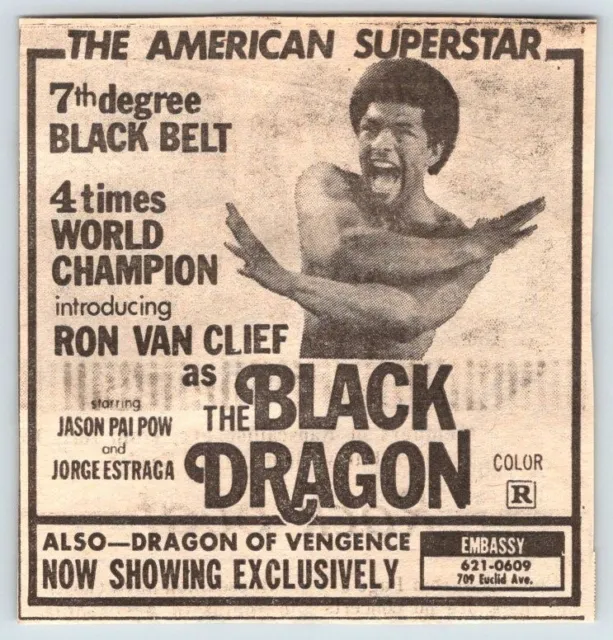 1975 RON VAN CLIEF THE BLACK DRAGON MOVIE AD Vtg 3.5"X3.5" Newspaper Clip EBS17