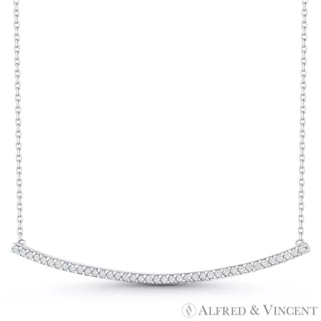 Long Curved Bar CZ Crystal Pave Pendant Fashion Necklace in .925 Sterling Silver