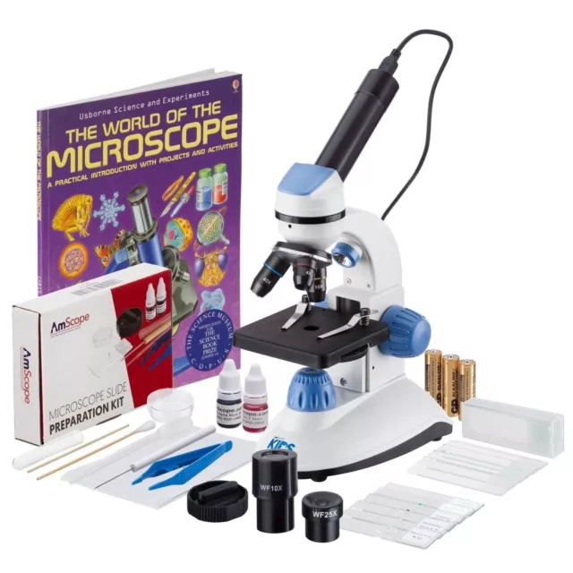 Kit de microscopio compuesto portátil AmScope 40X-1000X 2-LED para niños con libro, cámara