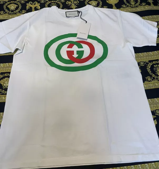 Neuf Authentique Gucci Surdimensionné T-Shirt Emboîtés Gg Logo En Blanc M