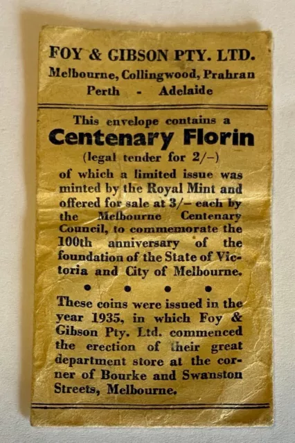 Australian 1934/35 Melbourne Centenary Florin "Foys" Bag (Envelope) EF (Scarce)