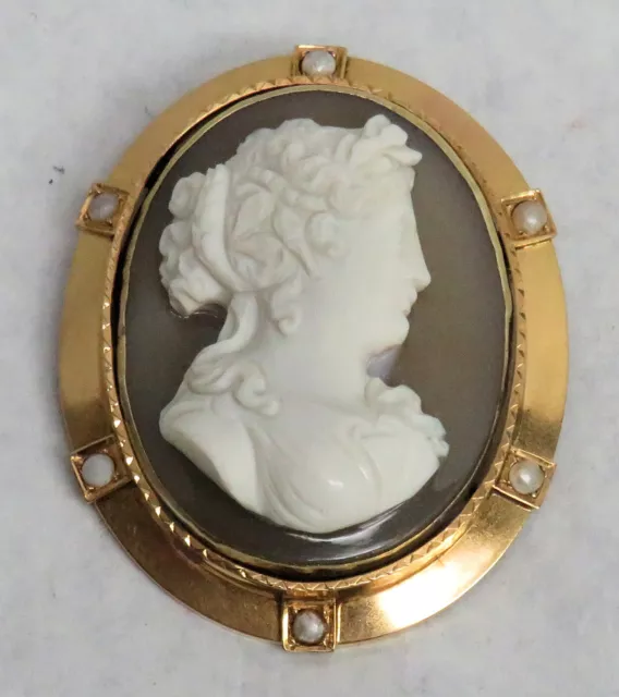 Beautiful Victorian Era 18K Gold Stone & Pearl Cameo Brooch