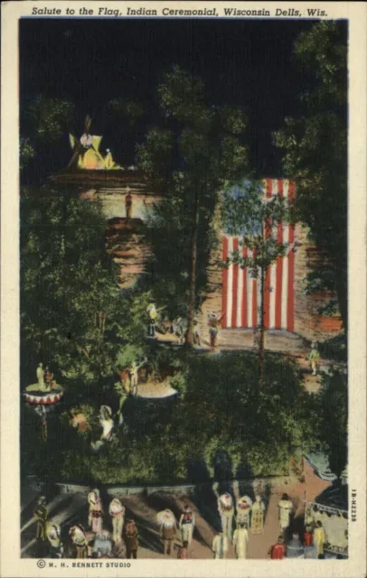 Wisconsin Dells Wisconsin Indian ceremony Salute to American flag linen postcard