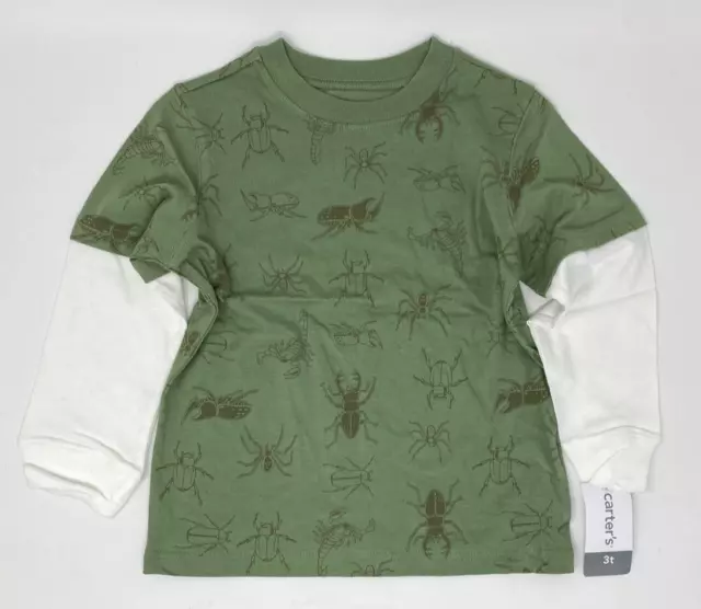 Carters Toddler Boy 3T Long Sleeve T Shirt Green Layered Look  Nature Bugs
