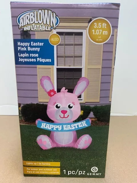 CUTE Pink Happy Easter Bunny Gemmy Airblown Inflatable Yard Decor LED 3.5' Tall
