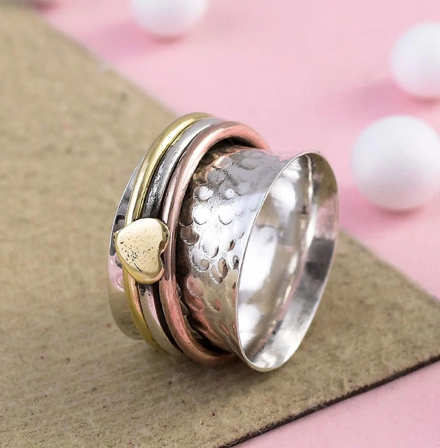 Brass Heart Spinner 925 Sterling Silver Meditation Handmade Ring Silver LoveRing