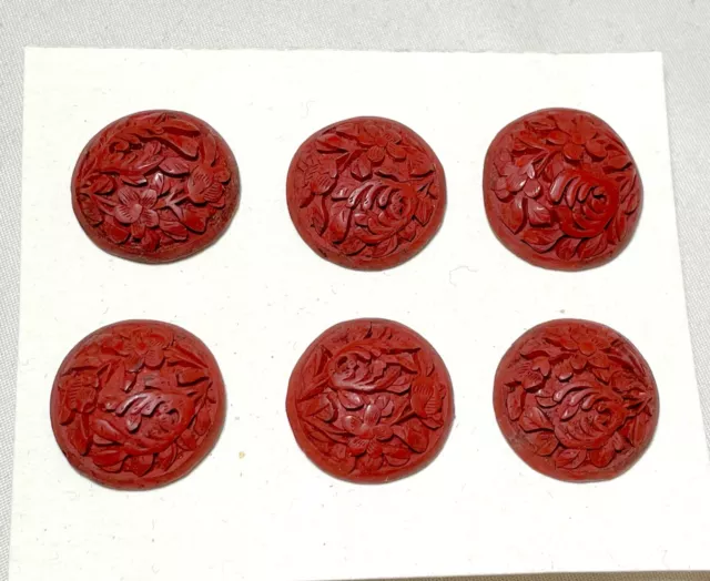 6 antique 19th century handmade Chinese carved red lacquer cinnabar buttons 2