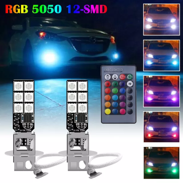 2X H3 5050 RGB 12SMD LED Auto Car Fog Light Bulbs Remote Control Multi-Color