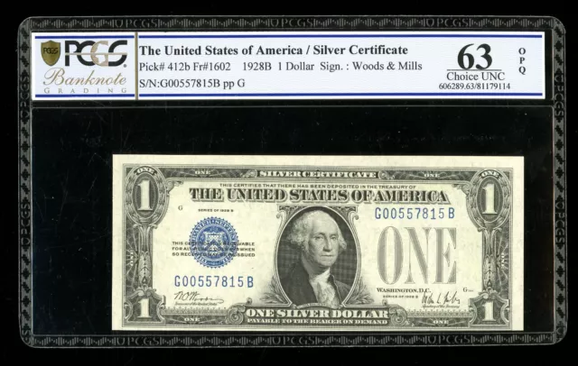 DBR 1928-B $1 Silver Funnyback Fr. 1602 GB Block PCGS-B 63 OPQ Serial G00557815B