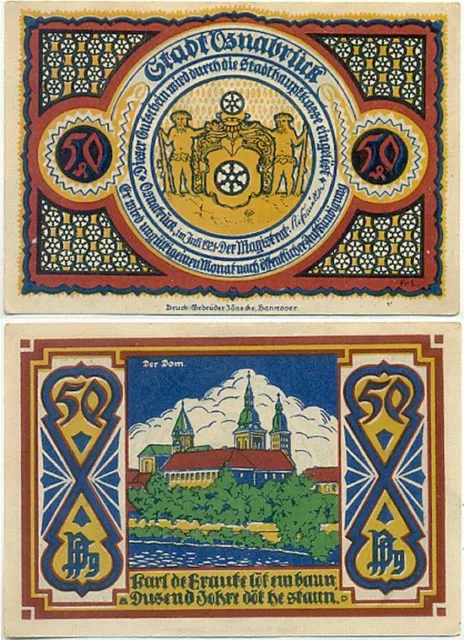 Osnabrück, 1 Schein Notgeld 1921, Wappen, Der Dom, 50 Pfennig