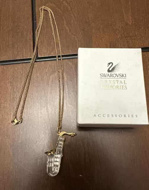 Swarovski Crystal Memories Gold Tone Chain Saxophone Pendant Necklace 21" JAZZ
