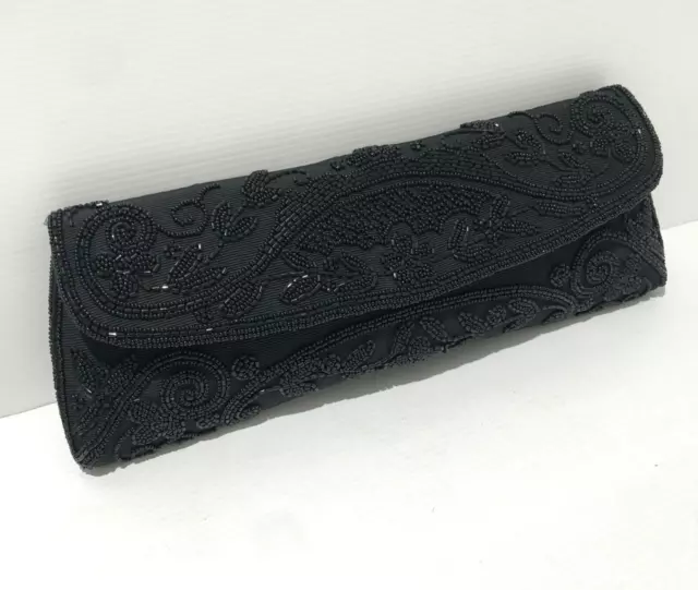 Borsa frizione vintage nera in twill ricamata con perline in perfette condizioni classica da sera smart