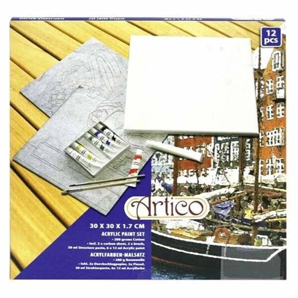 Kit 12 Pezzi Attrezzi Per Pittura Dipinto Colori Pennelli Tela 30x30 Cm Artico