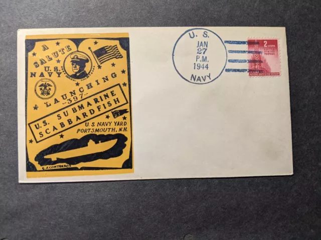 Submarine USS SCABBARDFISH SS-397 Naval Cover 1944 CONTRAROS WWII LAUNCH Cachet