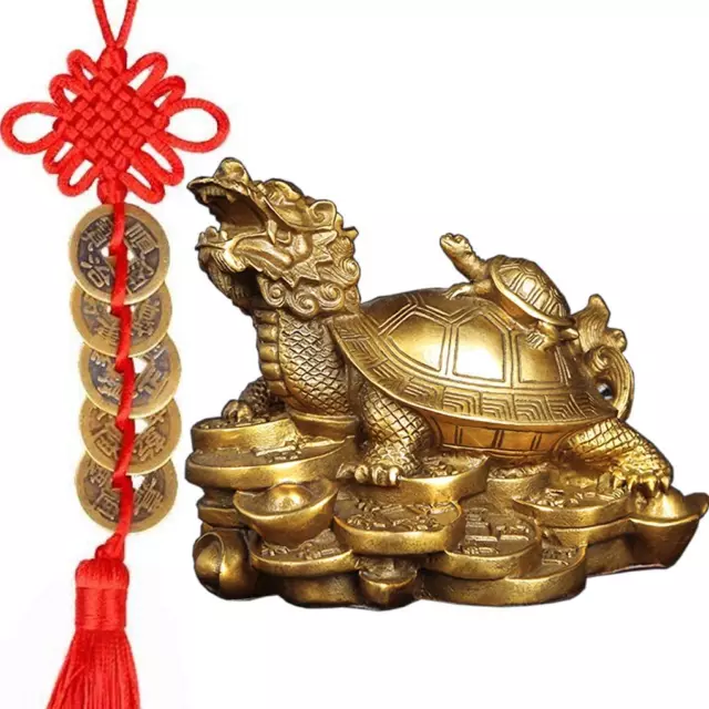 Amperer Feng Shui Brass Dragon Turtle Statue Wealth Prosperity Sculpture with Se