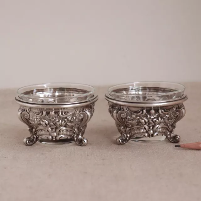 Pair Repousse Sterling Glass Master Salt Bowl Footed Dish Cellar Vtg Silver 60g