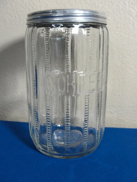 Antique Hoosier Vintage Kitchen Ribbed Zipper Glass Coffee Canister Jar with Lid