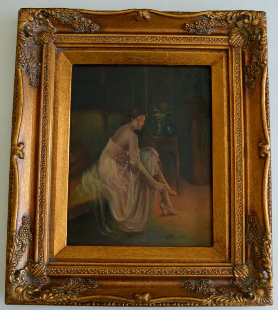 Decorative 19Th C Style American School Boudoir Painting On Panel Finely Framed