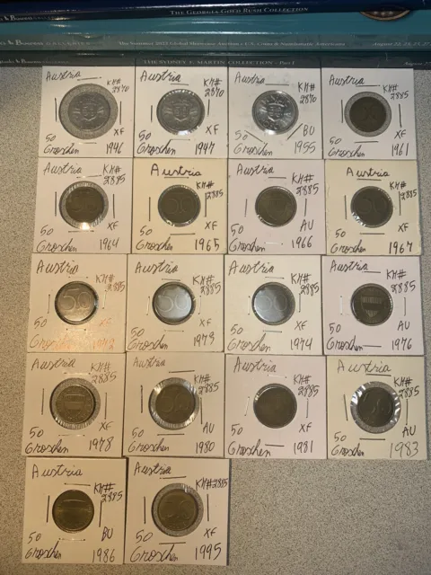 Austria 1946- 1995 Fifty 50 Groschen 18 Coin Lot High Grades XF to BU Condition