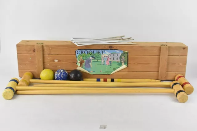 Vintage Croquet Set In Wooden Box With Instructions Mallets Hoops Balls Outdoor
