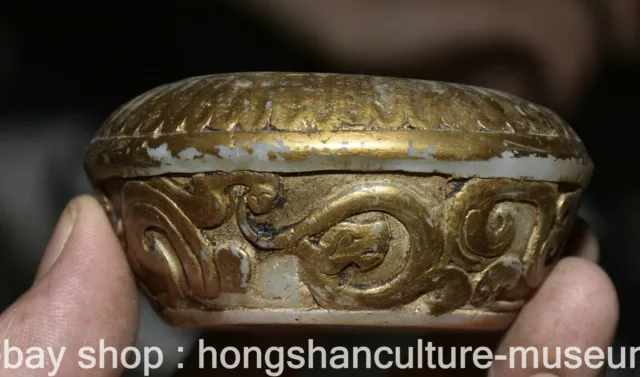 3.2" Rare Old Chinese White Jade Gilt Carving Palace Dragon Beast Small Tank Jar