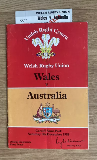 Wales v Australia 1981 Rugby Union Programme and Match Ticket