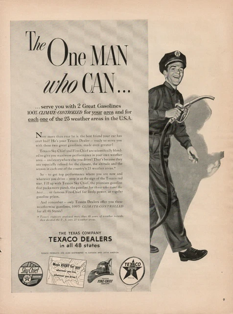 1953 Texaco Oil Gasoline Sky Fire Chief Vintage Print Ad Gas Attendant Full Serv