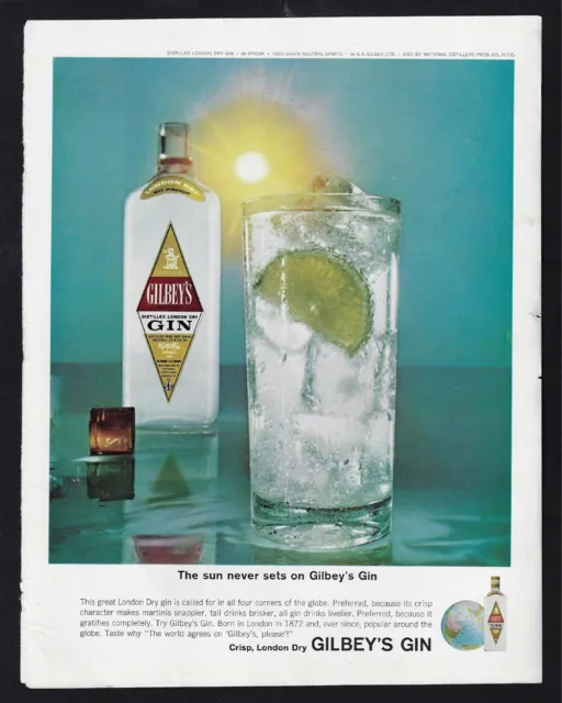 1964 GILBEY'S GIN Print Ad "The sun never sets on Gilbey's"