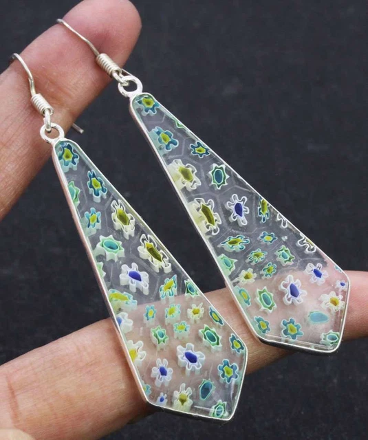Dichroic Glass 925 Silver Plated Handmade Earrings of 2.5" Ethnic Gift