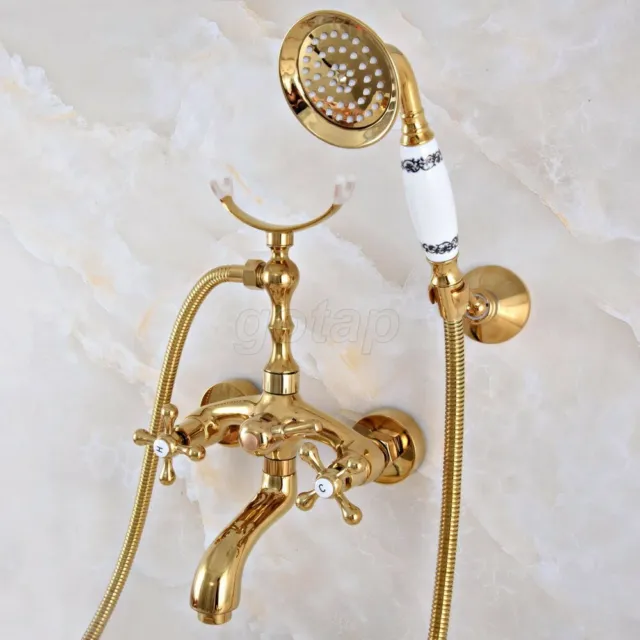 Gold Color Brass Claw-foot Bathtub Faucet Wall Mount Tub Filler Handheld Shower