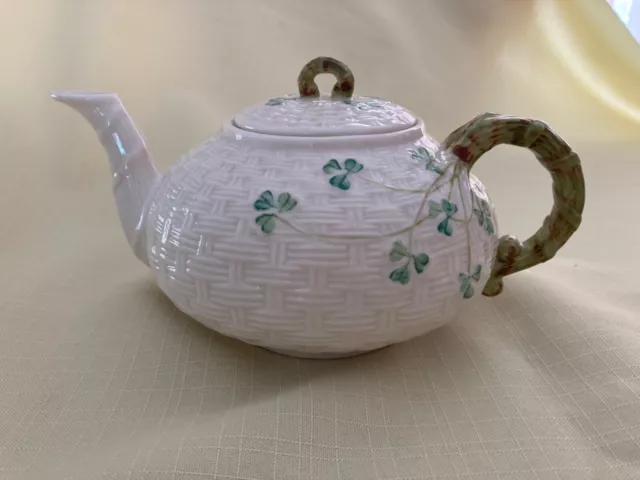 Vintage Belleek China Irish Tea Set Shamrock Rare Teapot Cream Sugar Honey Pot