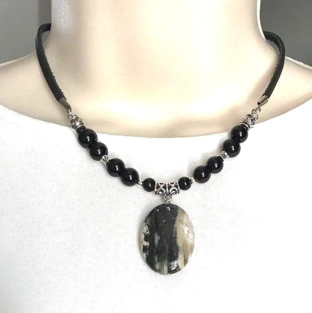 Natural Gemstones Black Agate Jasper Pendant Necklace Chakra Fengshui USA