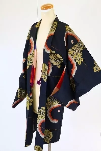 Antique Japanese kimono SILK"NAGA-BAORI"Meisen,Black, Taisho 1919~, L34.4"..3794
