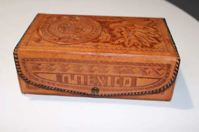Vintage Tooled Leather Covered Jewelry Trinket Box Mexico Indian