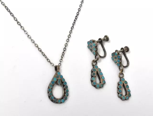 Vintage Sterling Silver Navajo Turquoise Necklace Earring Set 6.3G 17.5" NO RES