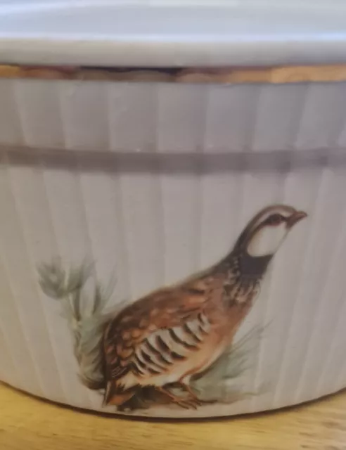 Apilco France Vintage Porcelain Souffle Dish With With Game Birds & Hare on side 3