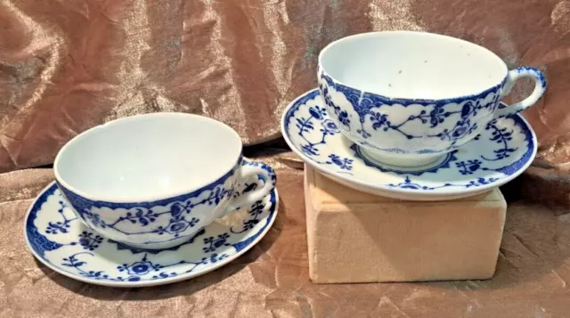 Antique Set Of Two (2) Japanese Blue & White Porcelain Tea Cups And Saucers