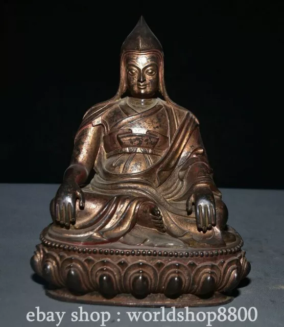 9.6" Old Chinese Pure Bronze Gilt Buddhism Je Tsongkhapa Statue Sculpture